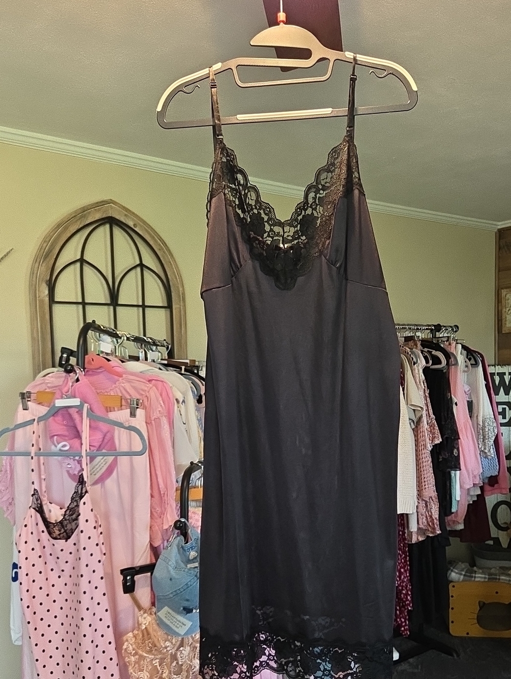 Black Lace Trim Satin Slip Dress